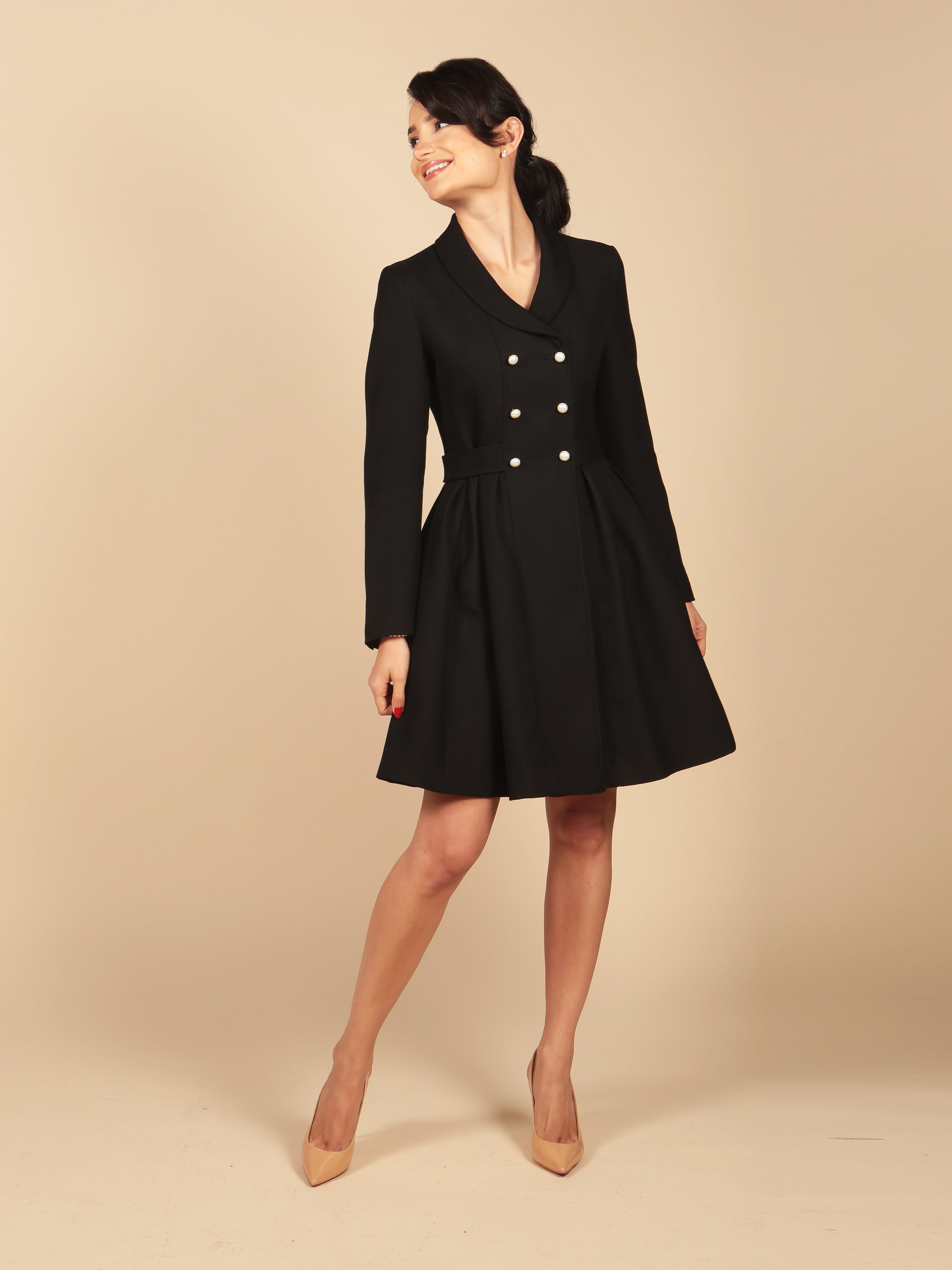 'Kennedy' Wool Dress Coat in Nero