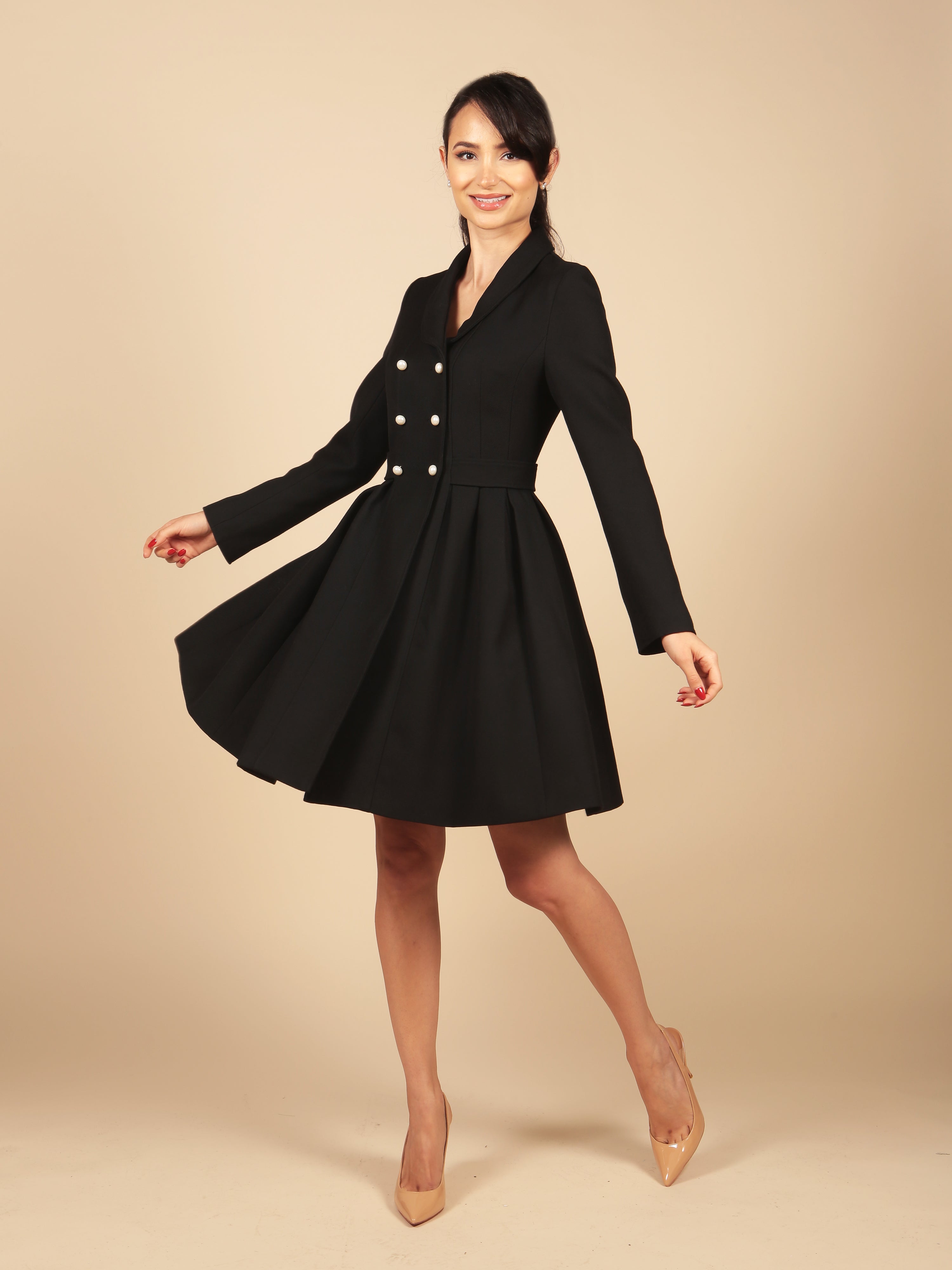 Black Wool Dress Women's Coat | Tailored Waist | Double-Breasted Front | Kennedy Collection | Santinni Black Wool Dress Women's Coat | Tailored Waist | Double-Breasted Front | Kennedy Collection | Santinni