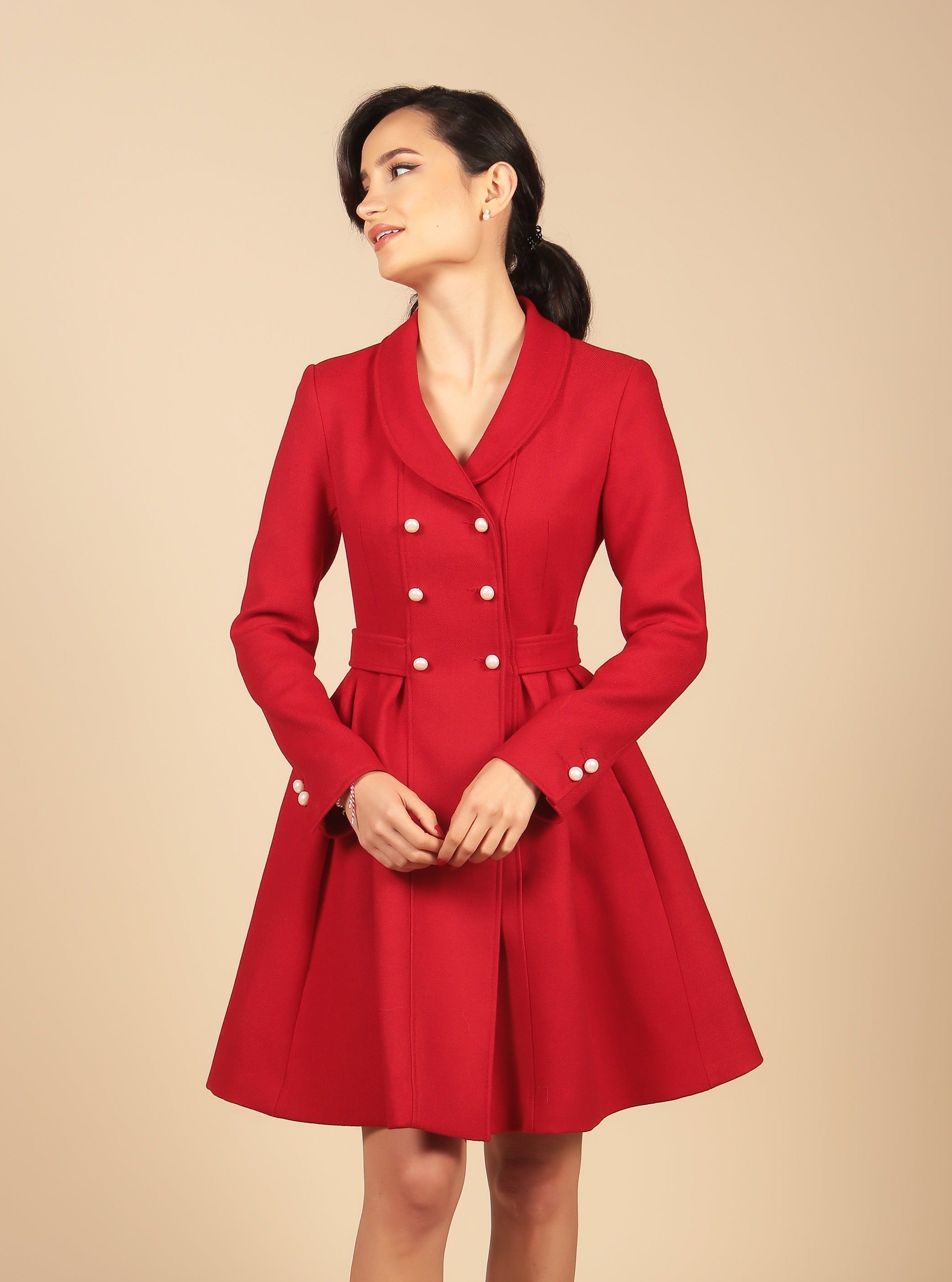 Red Wool Dress Women's Coat | Tailored Waist | Double-breasted Front | Kennedy Collection | Santinni Red Wool Dress Women's Coat | Tailored Waist | Double-breasted Front | Kennedy Collection | Santinni