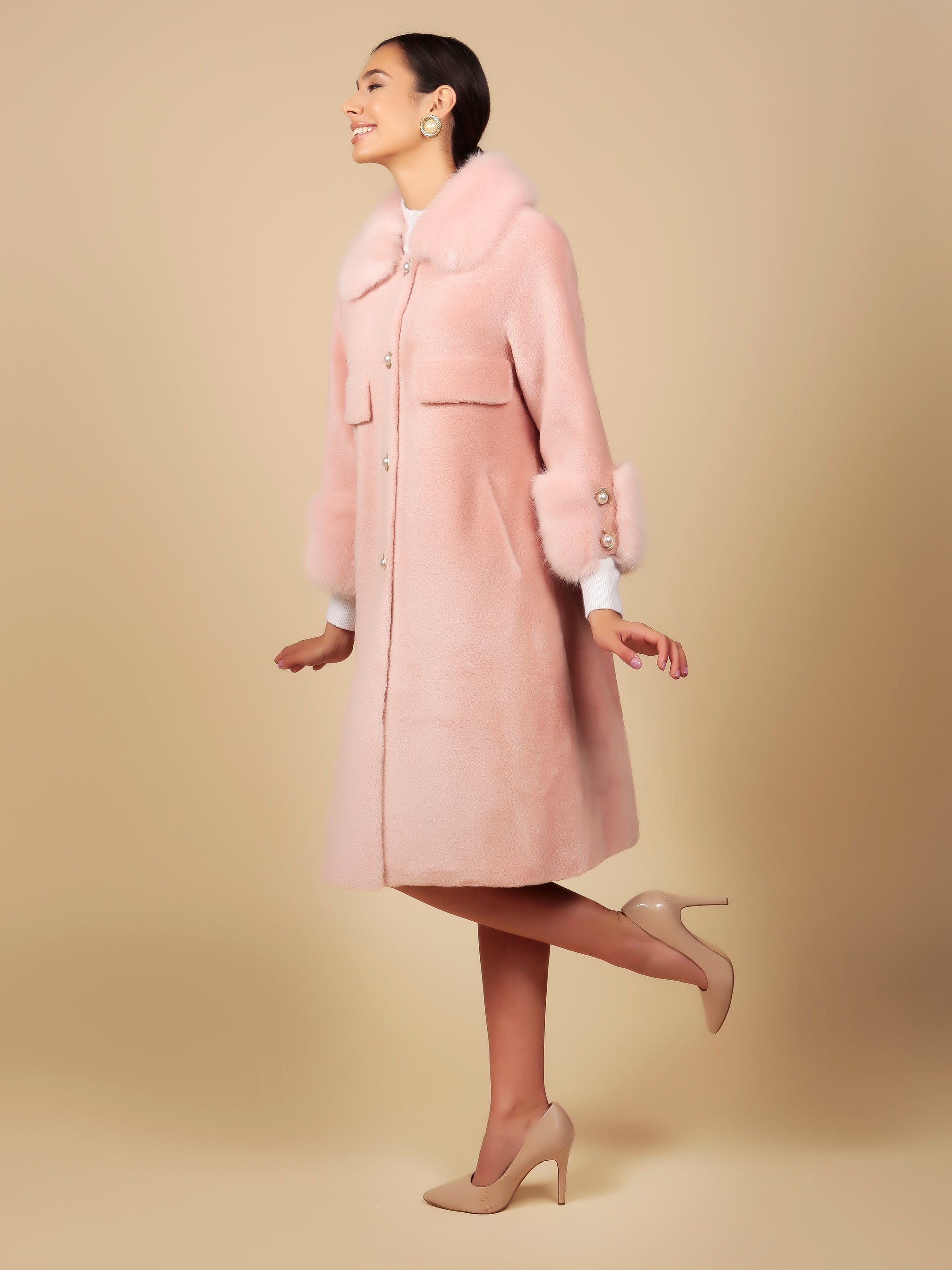 Hayworth' Wool and Faux Fur Coat in Rosa – Santinni