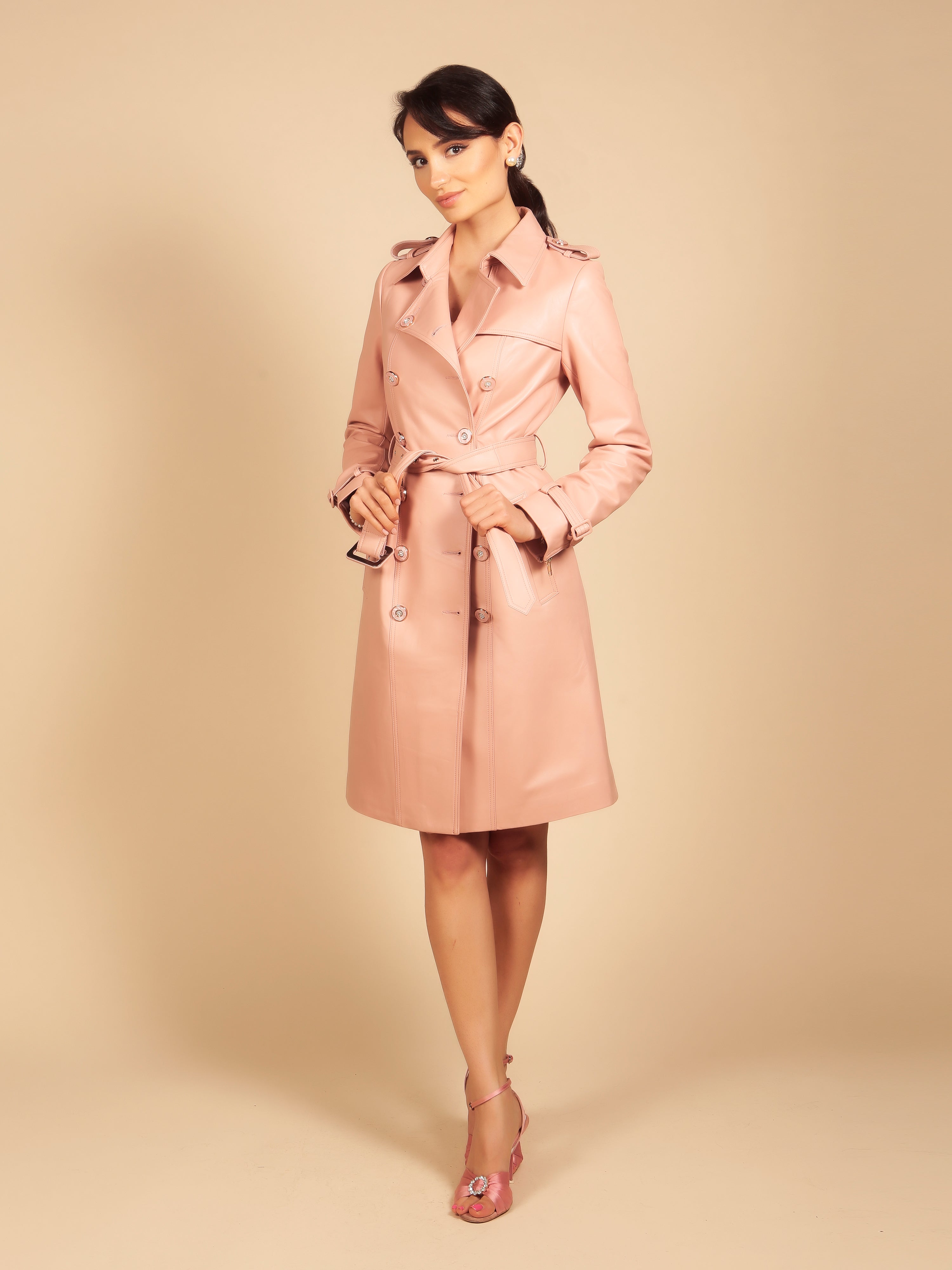 'Belle Du Jour' Leather Trench Coat in Rosa