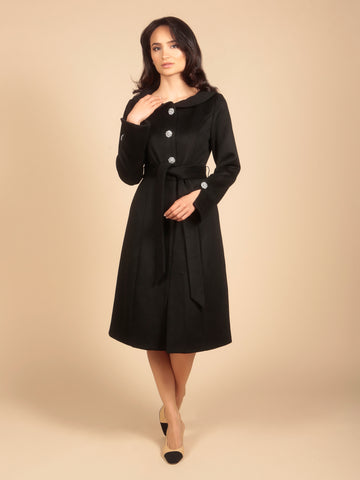 'Ingrid' Cashmere and Wool Dress Coat in Nero