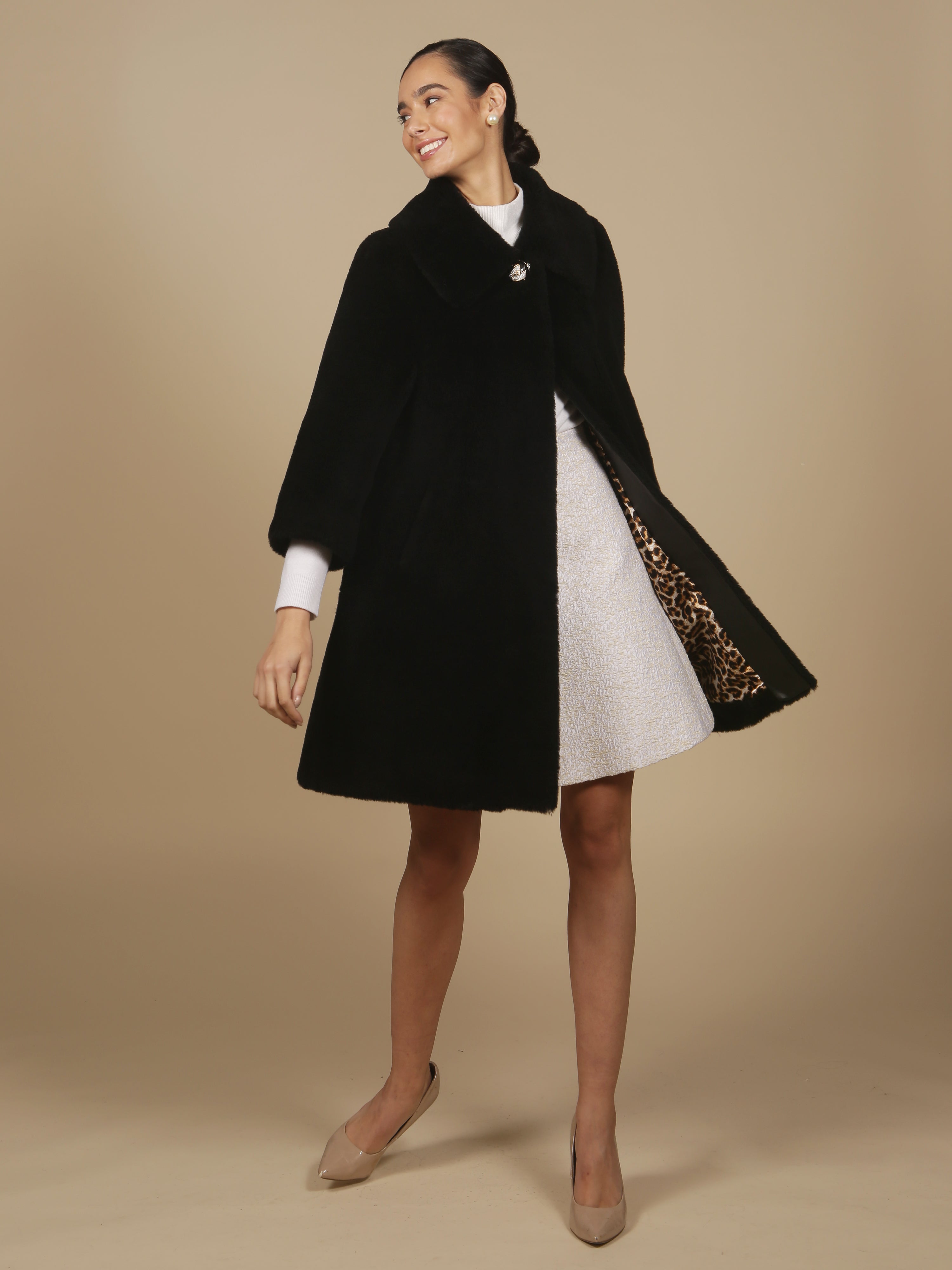 Black Wool Swing Women's Coat | Leopard Print | Art Deco Gold Metal & Black Enamel Button | Vivien Collection | Santinni Black Wool Swing Women's Coat | Leopard Print | Art Deco Gold Metal & Black Enamel Button | Vivien Collection | Santinni