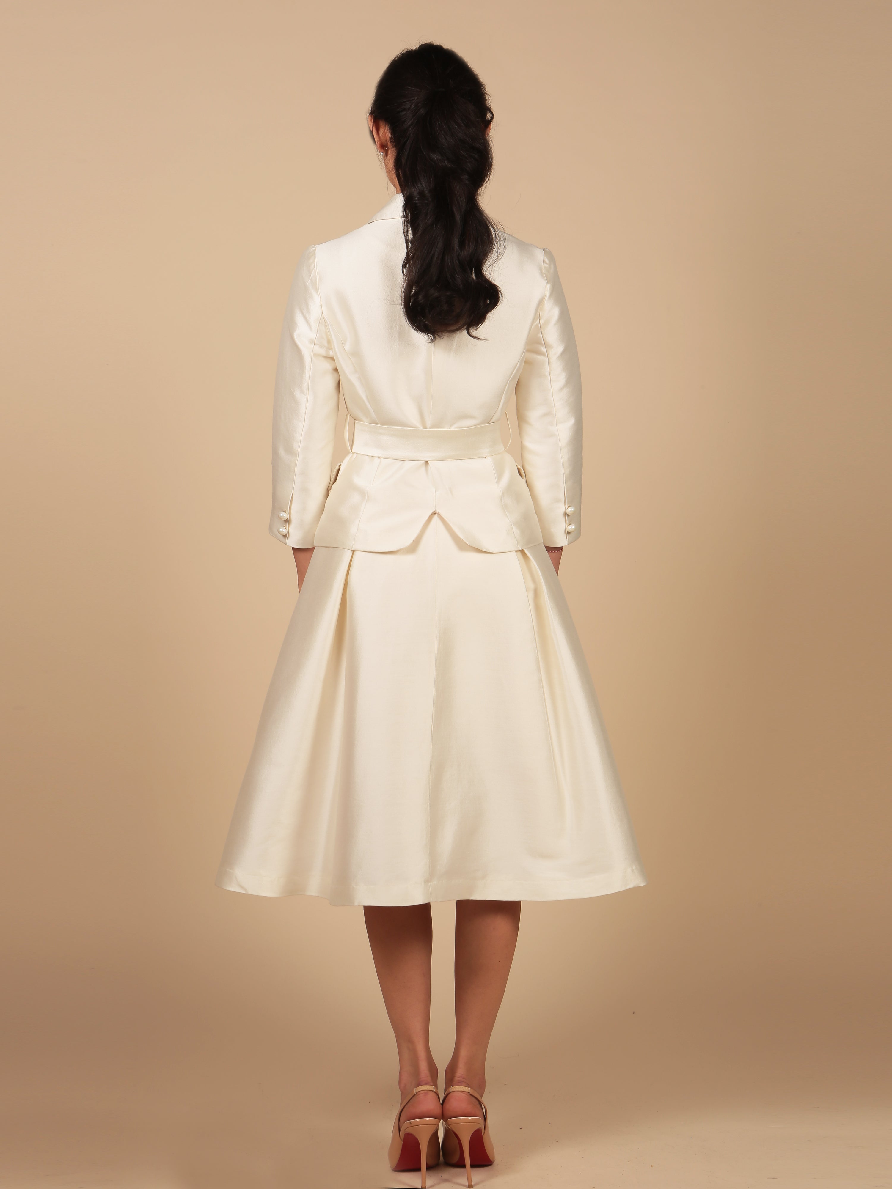 'Audrey' Silk and Wool Dress Coat in Bianco