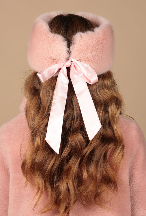 'Harlow' Faux Fur Headband with Satin Bow in Rosa