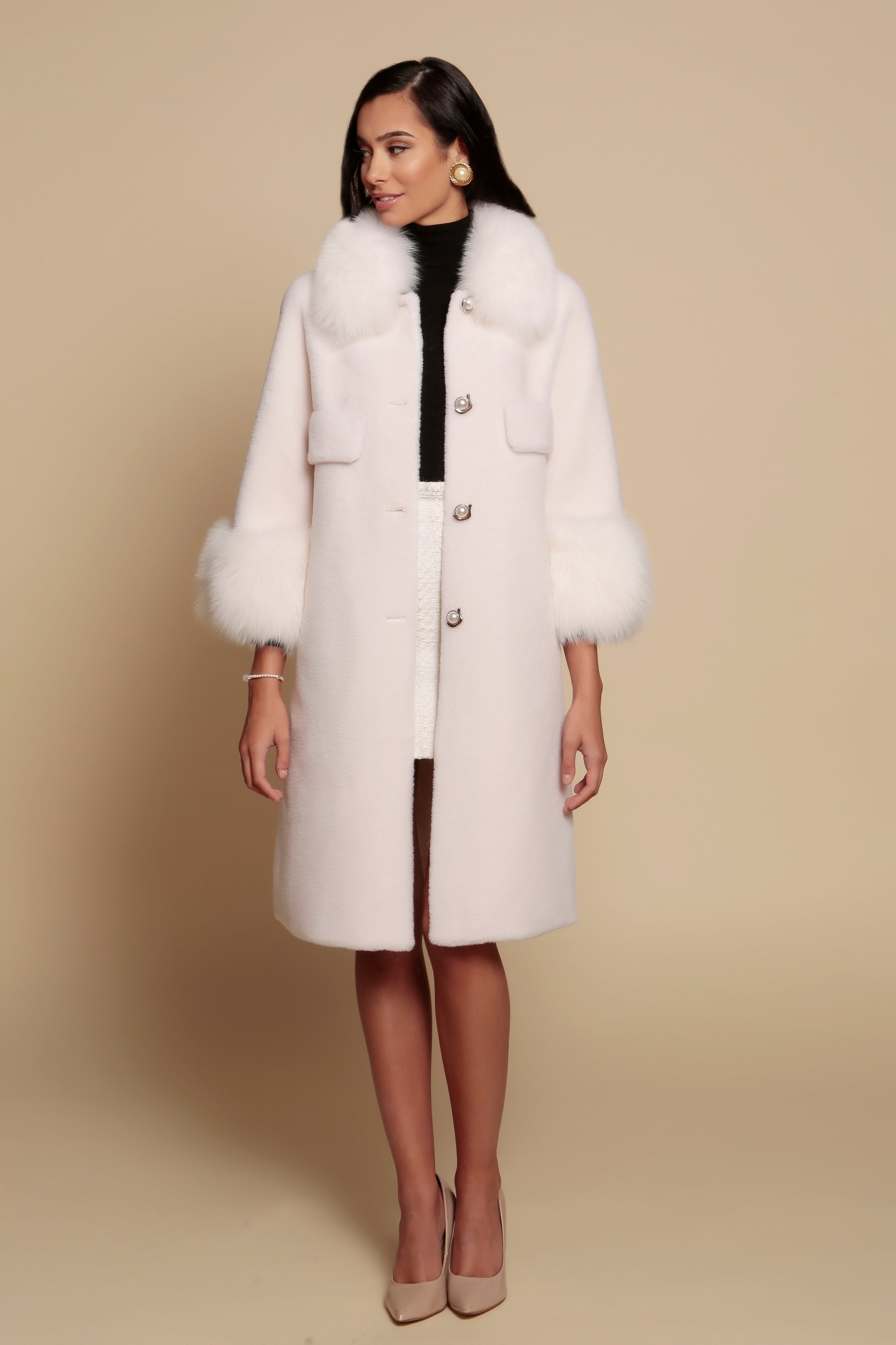 'Hayworth' Wool and Faux Fur Coat in Bianco