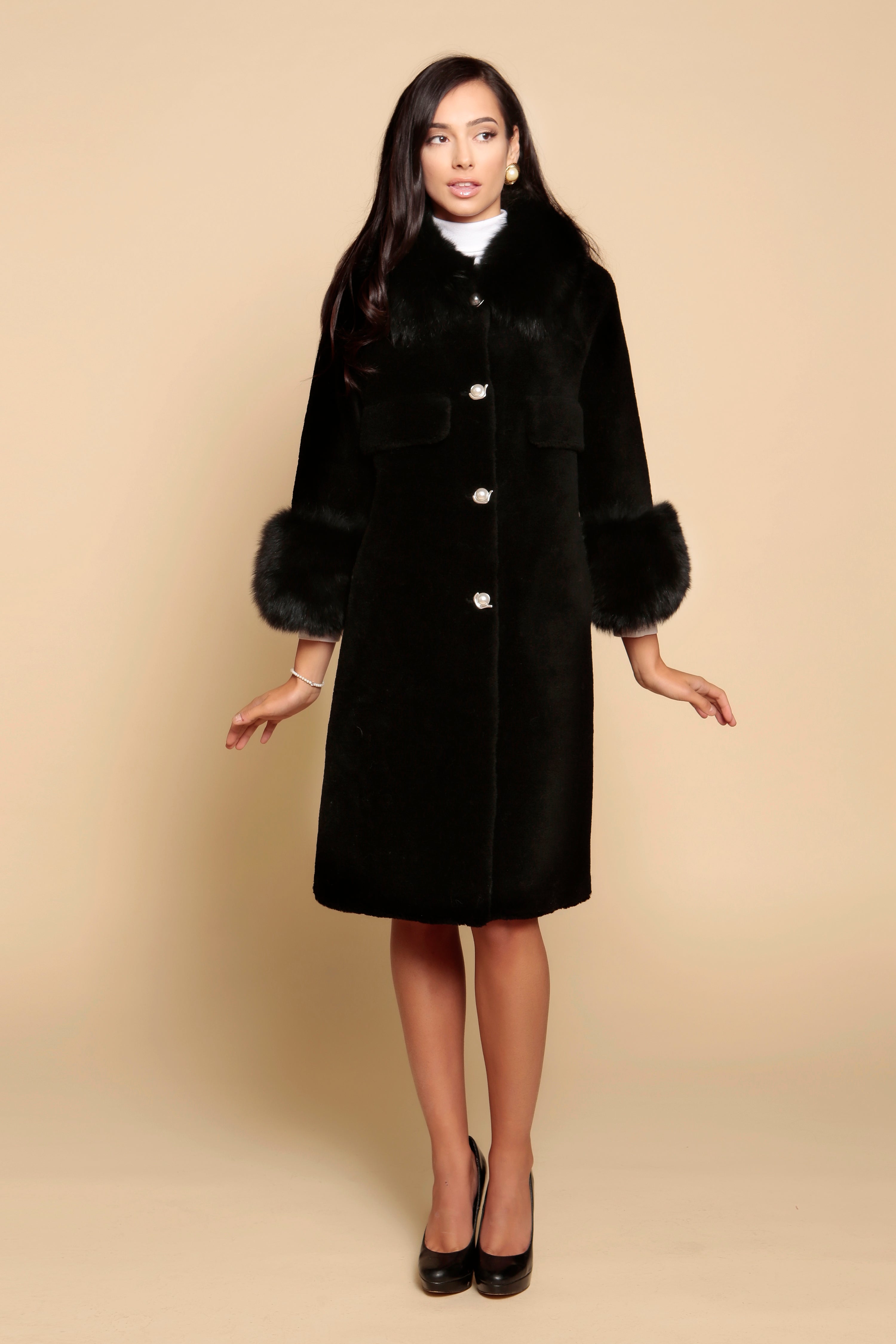 'Hayworth' Wool and Faux Fur Coat in Nero
