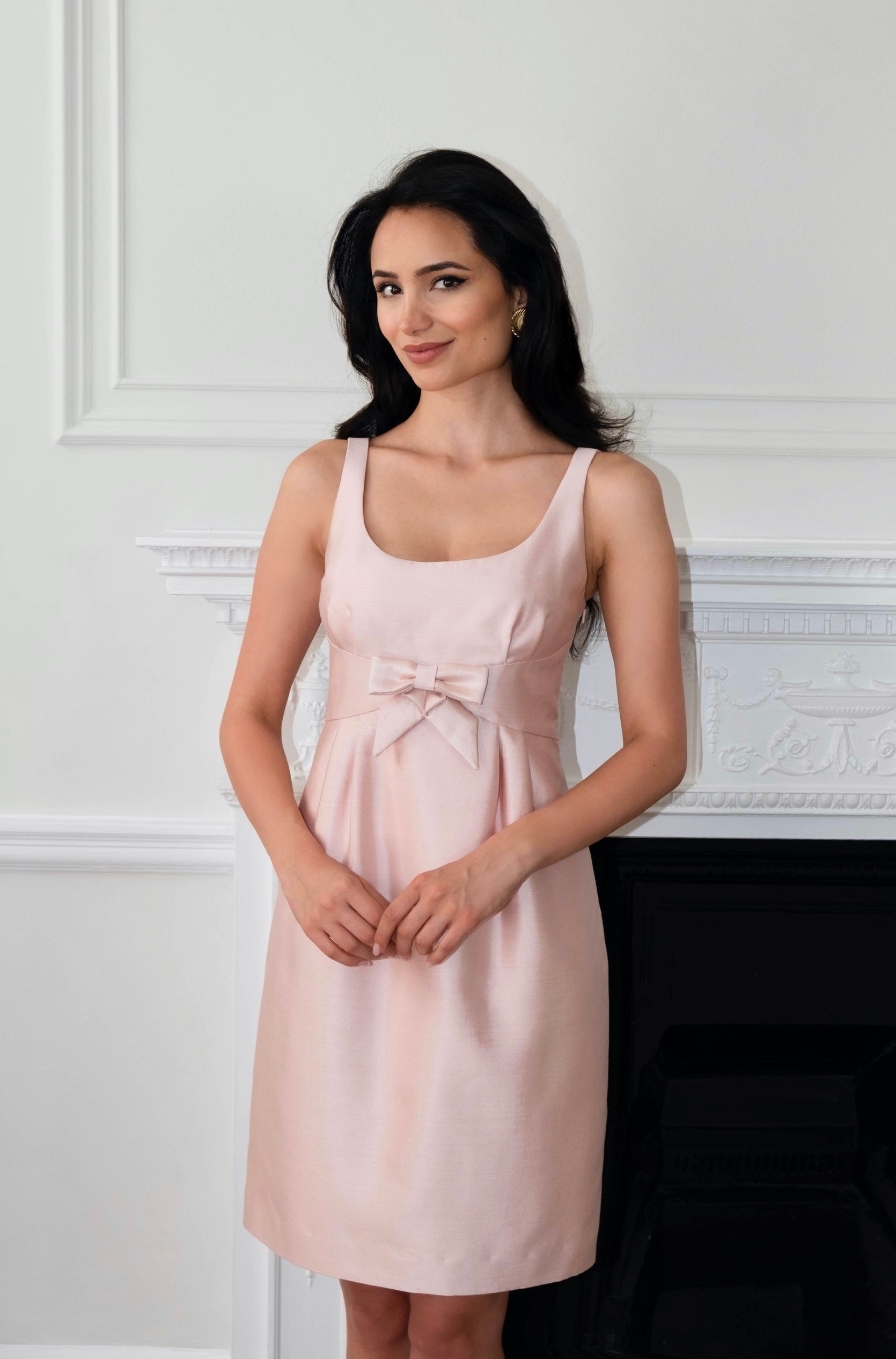 Pink Wool & Silk Dress | Tailored Deep Square Neckline | V-Shaped Back | Sabrina Collection | Santinni Pink Wool & Silk Dress | Tailored Deep Square Neckline | V-Shaped Back | Sabrina Collection | Santinni