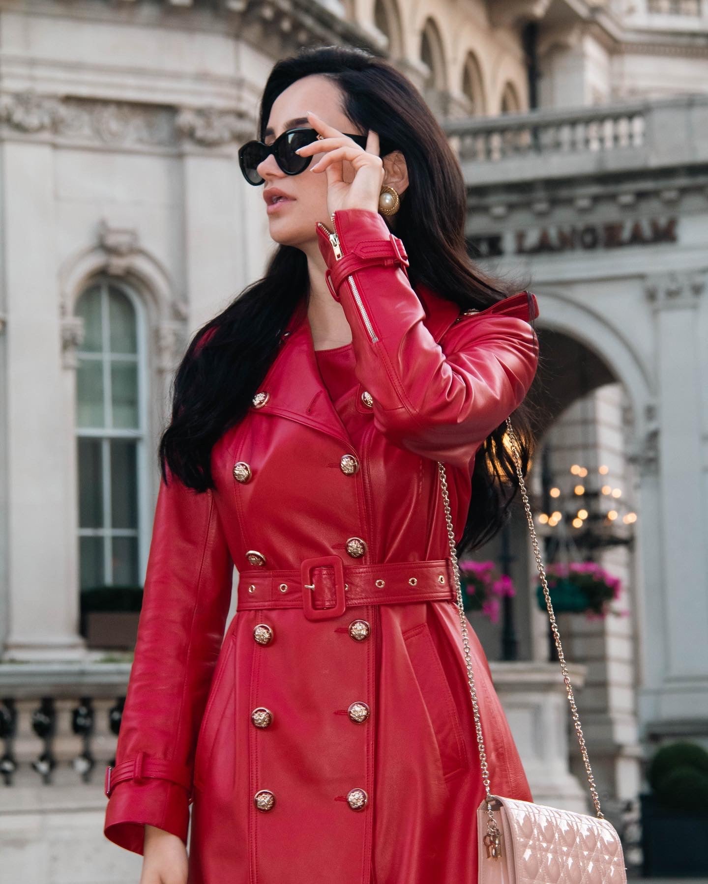 Women RED Leather TRENCH Coat One Button Closure Long Coat 