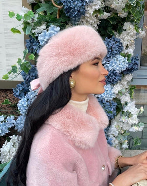 Faux Fur Headband with Satin Bow in Rosa