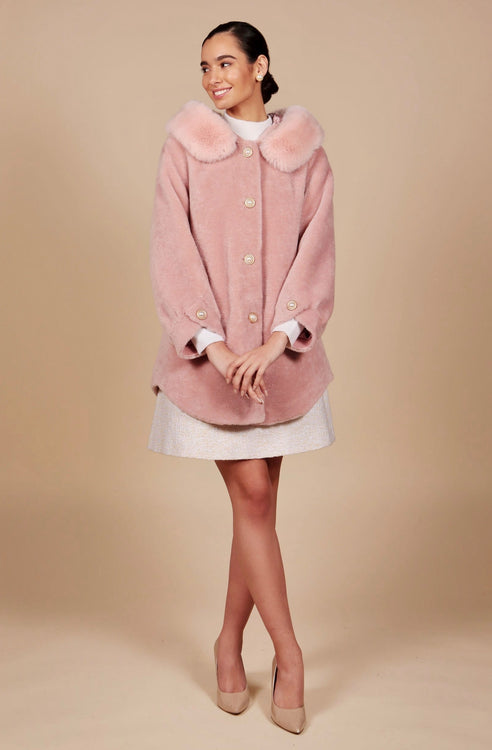 'Caron' Wool Coat with Hood in Rosa