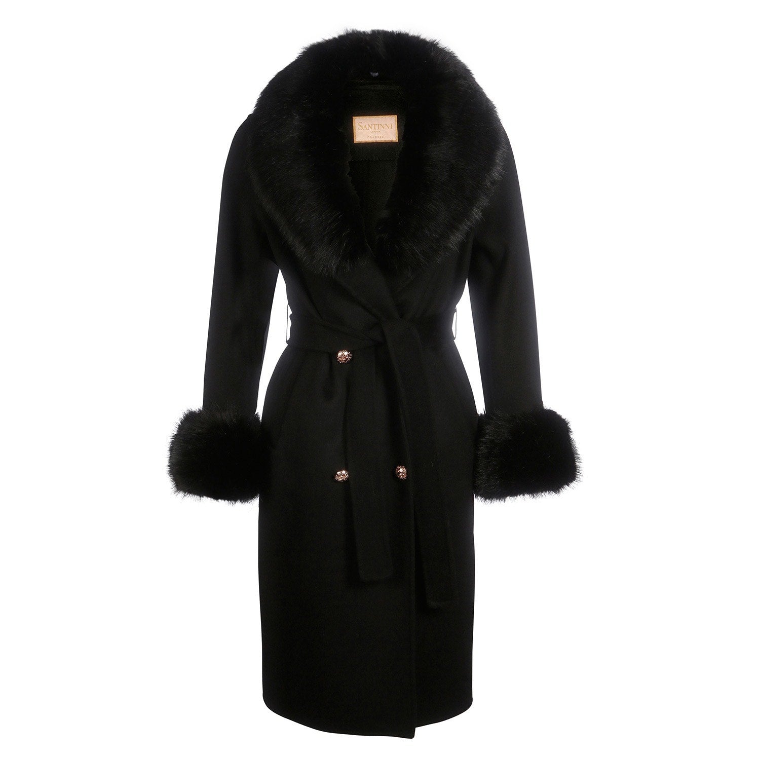 'Marlene' Cashmere and Wool Coat with Faux Fur in Nero – Santinni