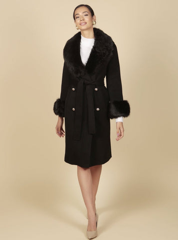 UNLINED 'An American in Paris' 100% Cashmere and Wool Coat with Faux Fur in Nero