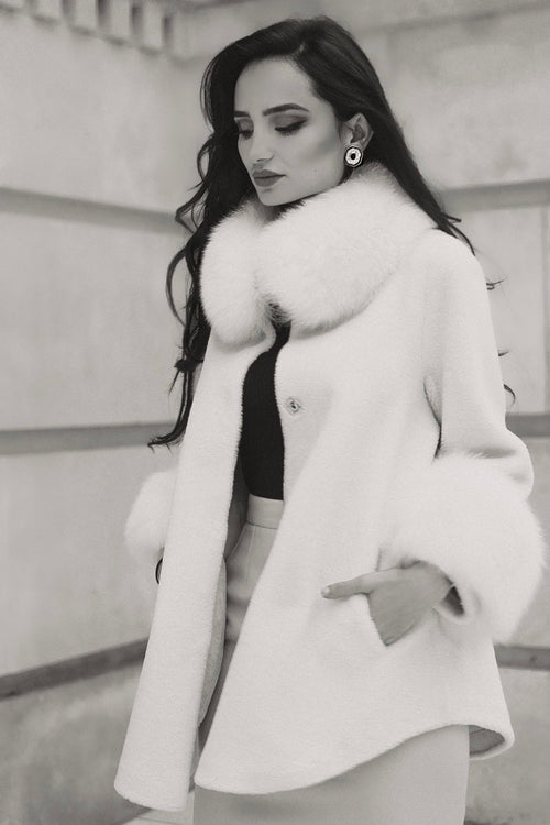 'Scarlett' Wool and Faux Fur Cape Coat in Bianco