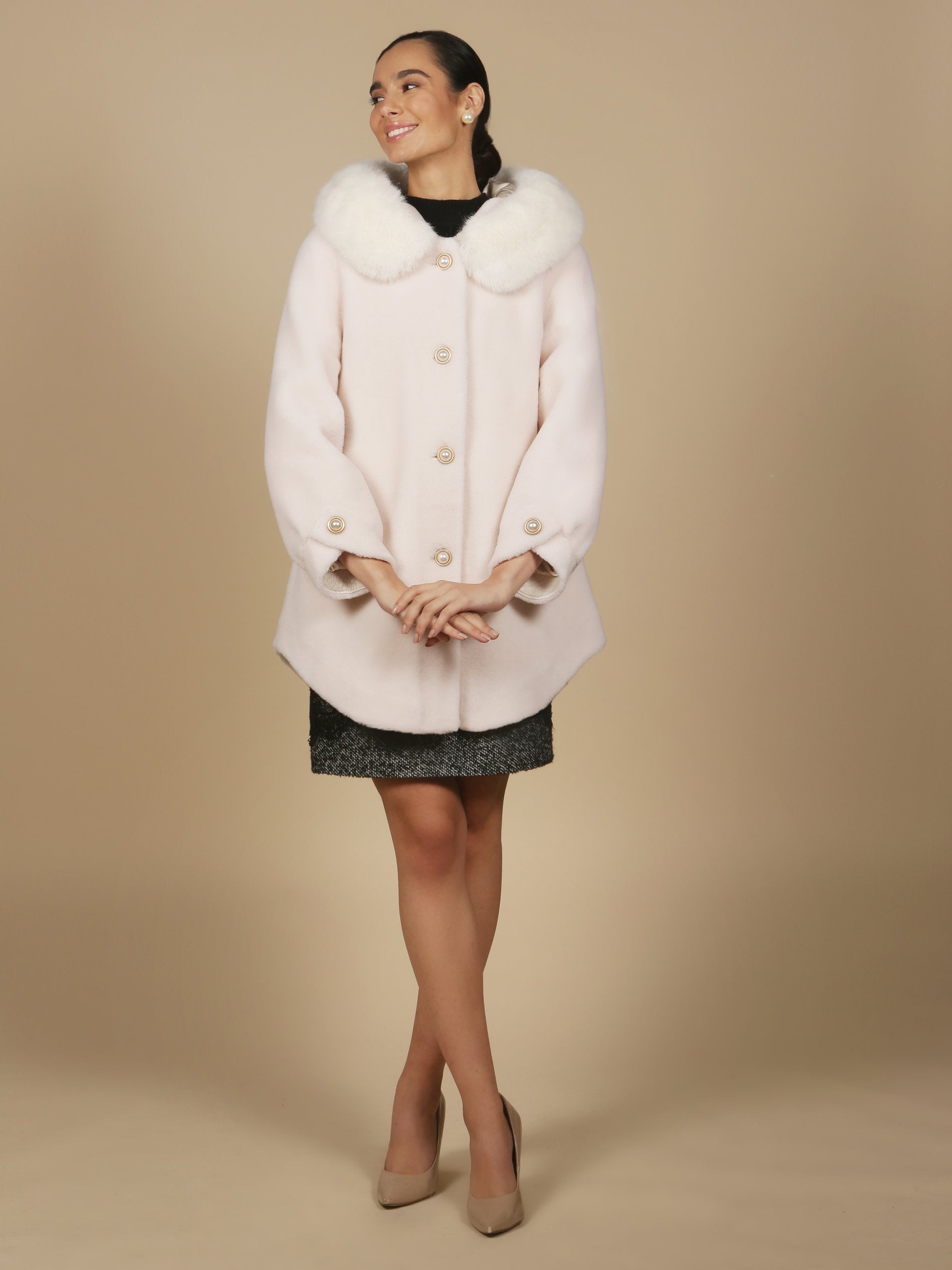 'Caron' Wool Coat with Hood in Bianco