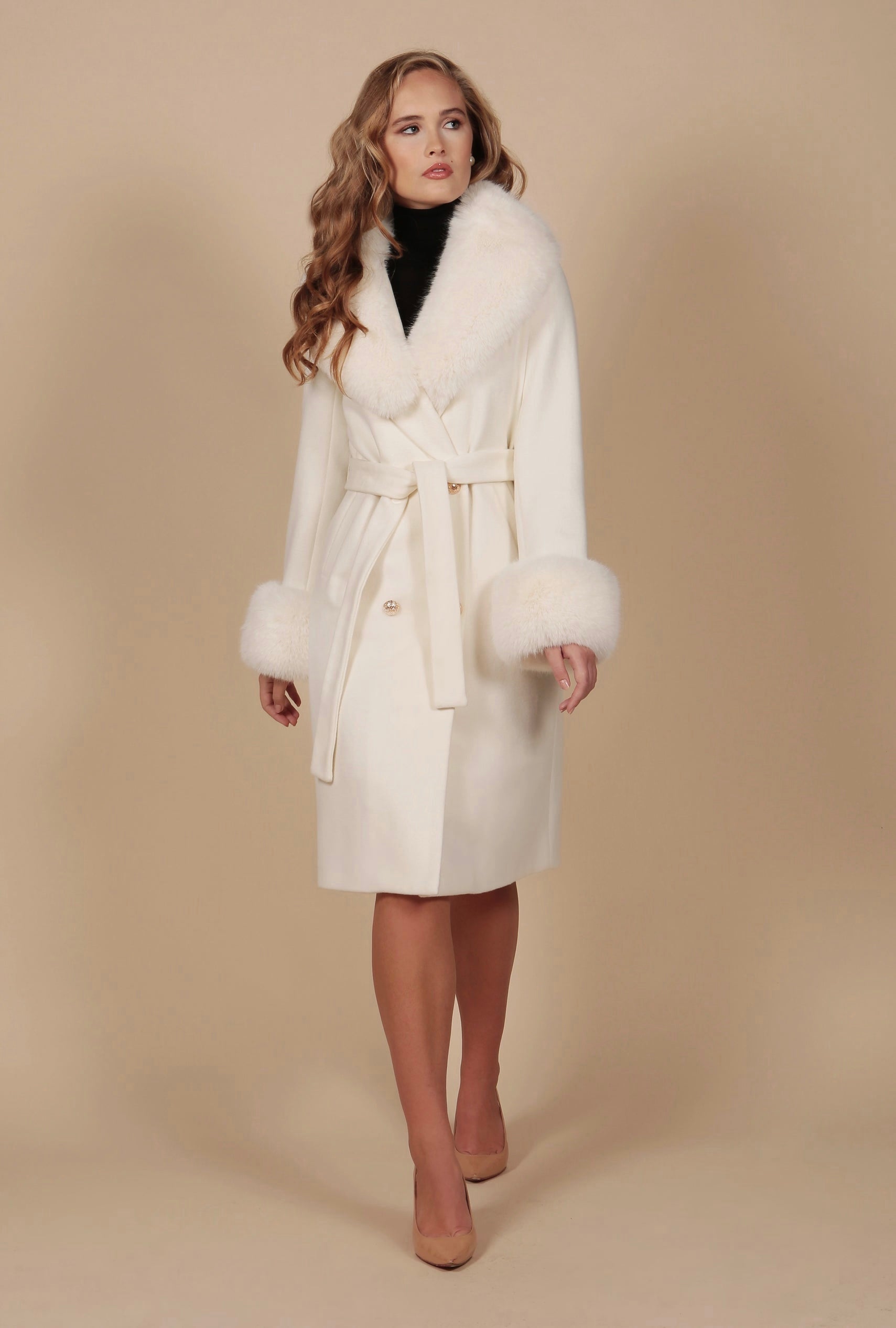 'Marlene' Cashmere and Wool Coat with Faux Fur in Bianco
