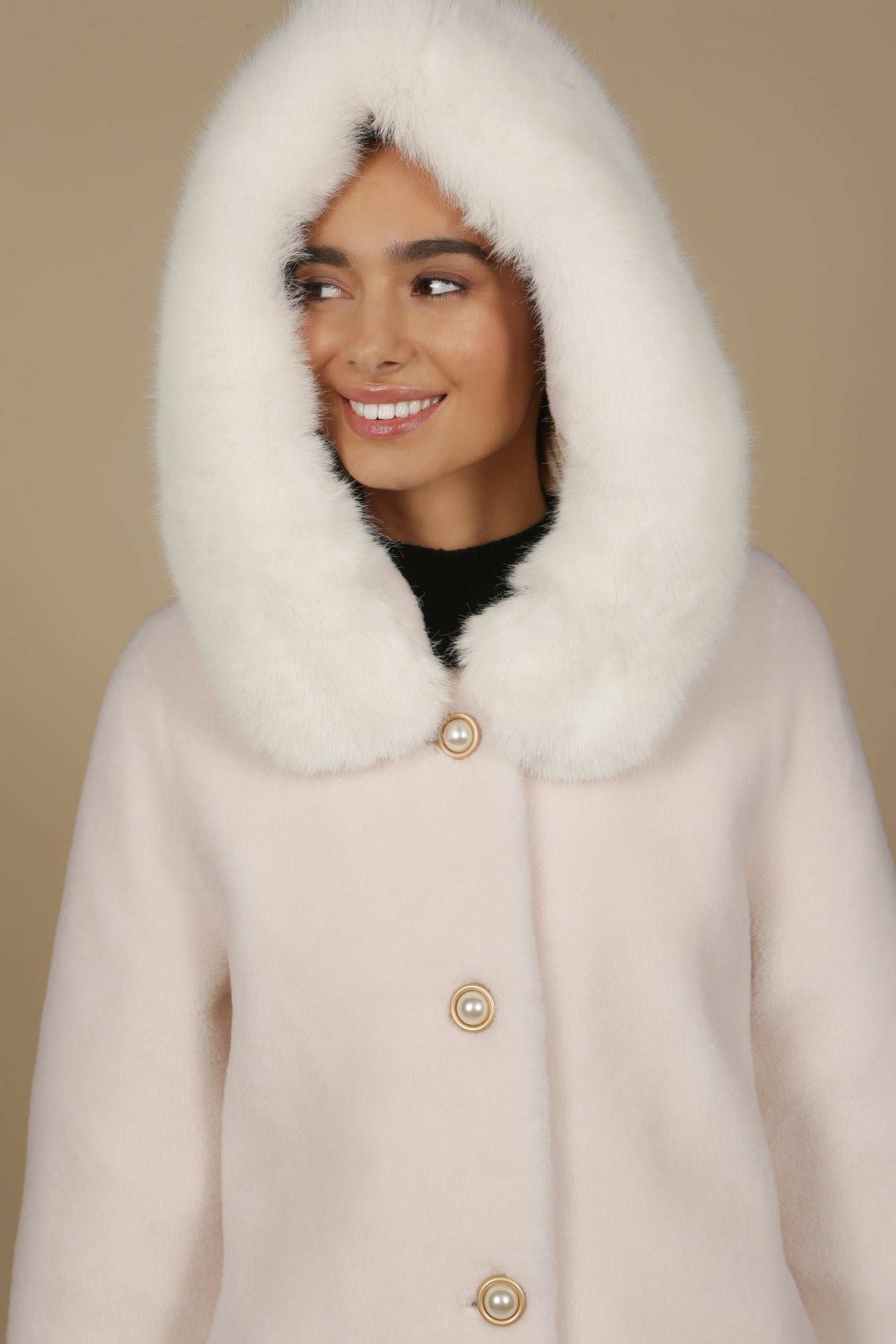 'Caron' Wool Coat with Hood in Bianco