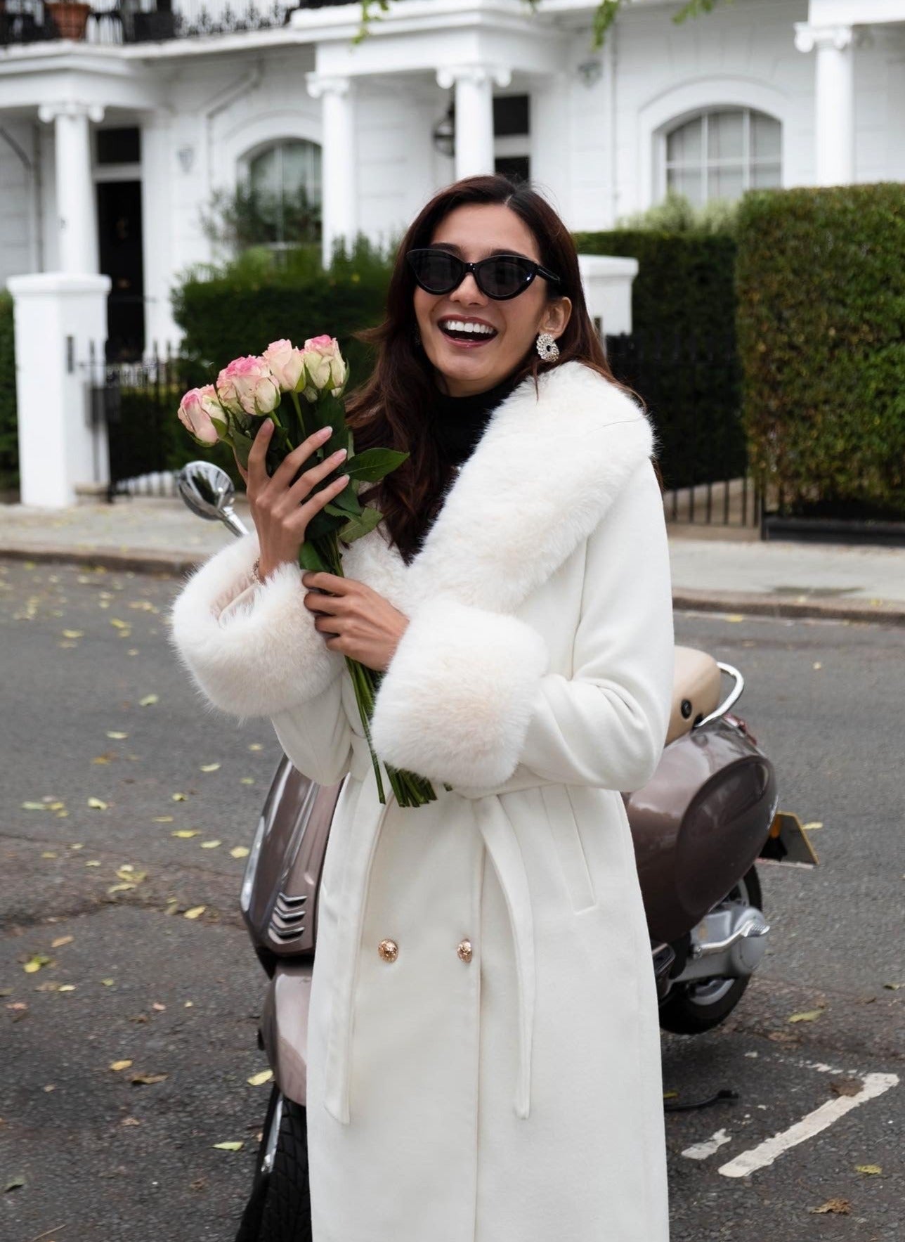 'Marlene' Cashmere and Wool Coat with Faux Fur in Bianco