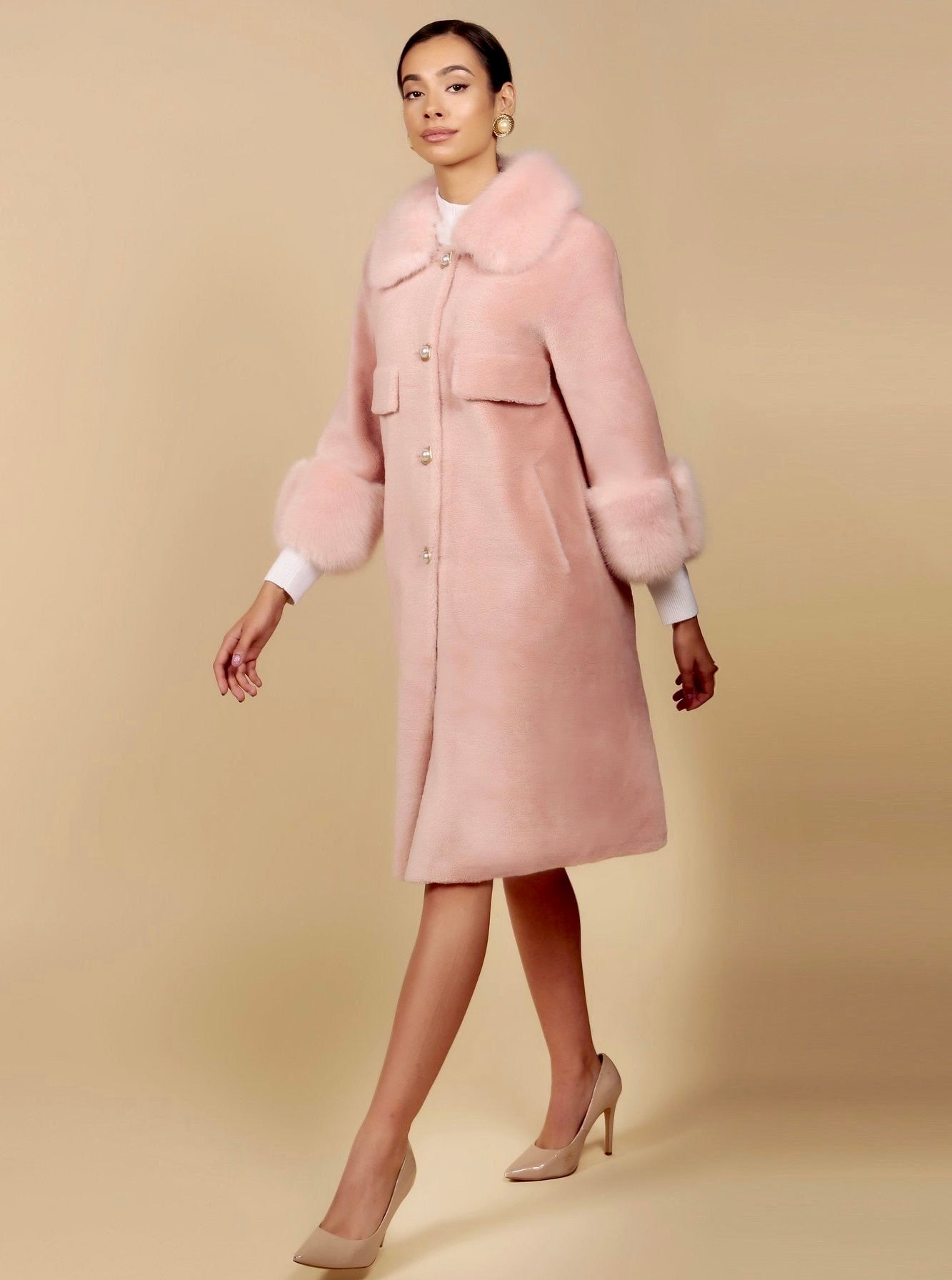 'Hayworth' Wool and Faux Fur Coat in Rosa