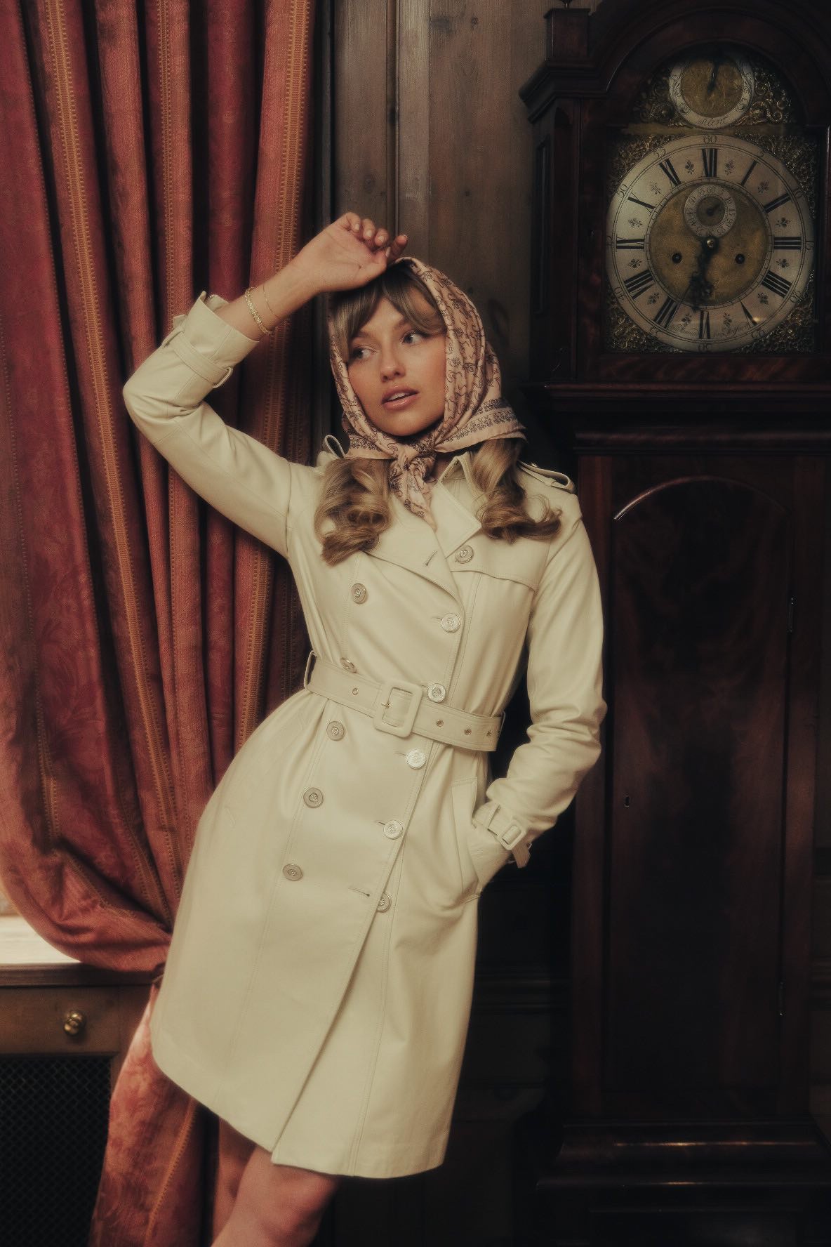 'Belle Du Jour' Leather Trench Coat in Crema