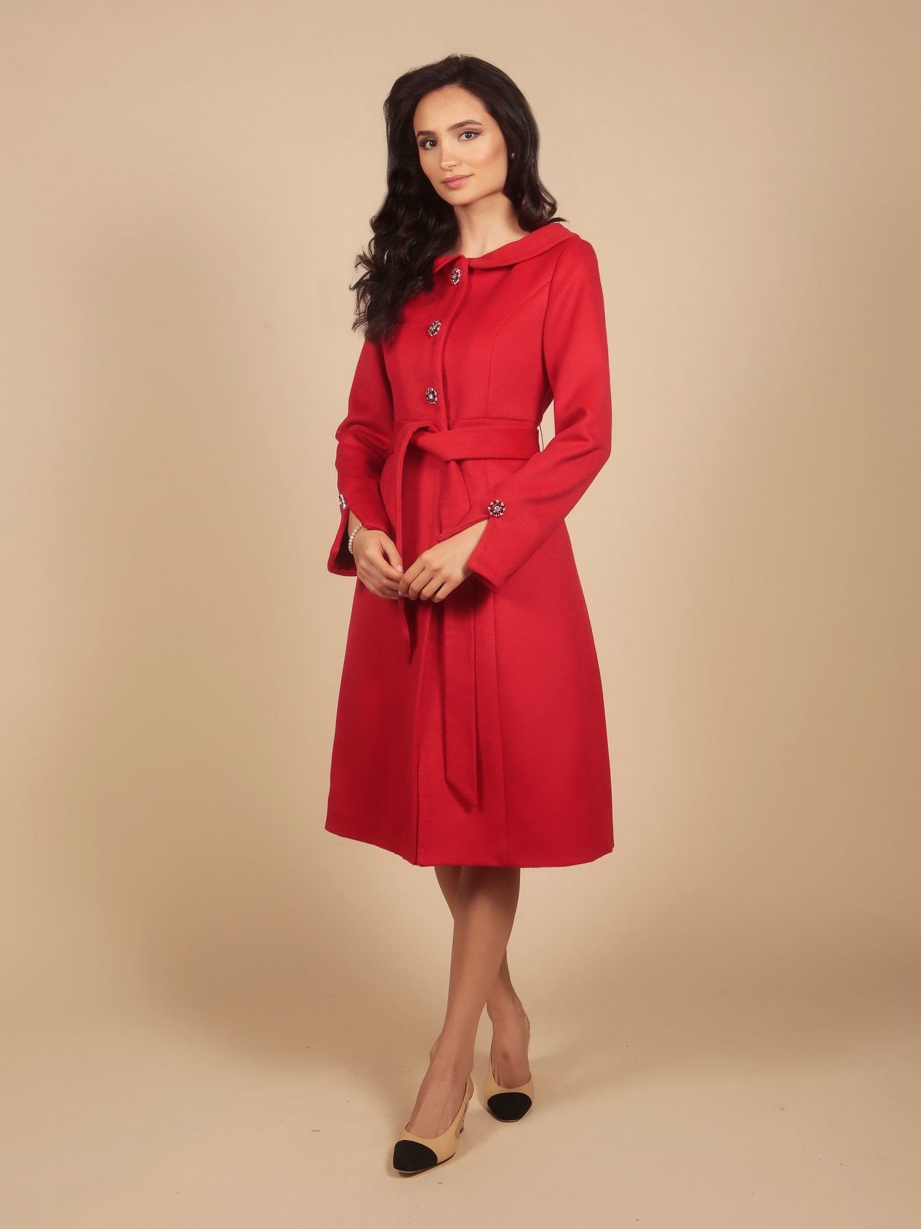 'Ingrid' Cashmere and Wool Dress Coat in Rosso